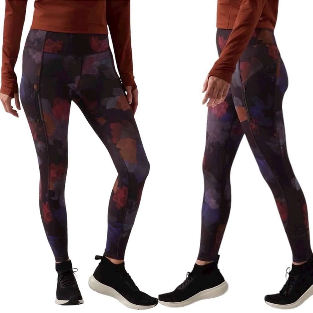 Athleta Rainier High Rise Floral Printed Warm Leggings Night Bloom Black EUC 1X